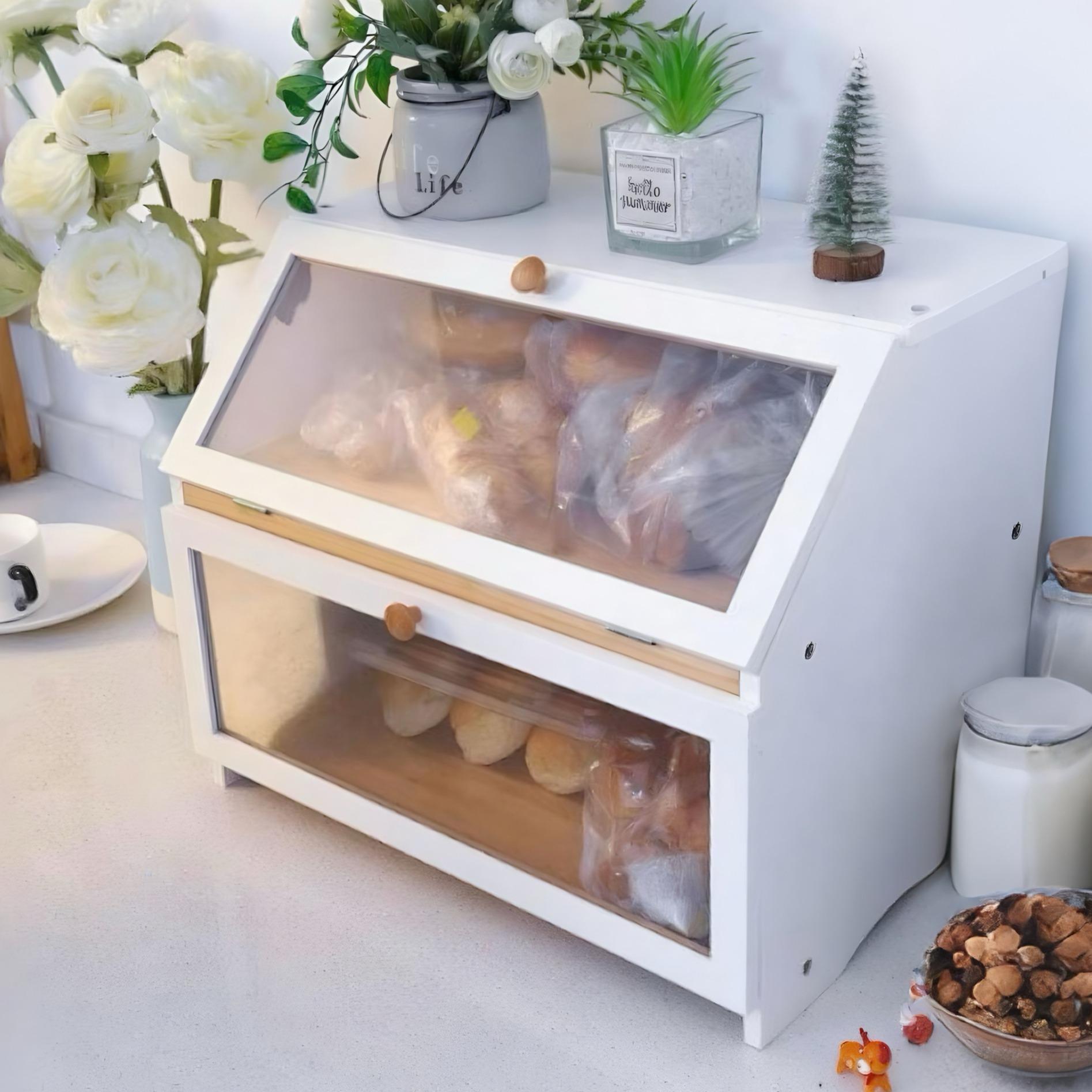 Food Storage Tank - กล่องเก็บขนมปังสองชั้น HOMEKOKO สำหรับวางบนเคาน์เตอร์ครัว, กล่องเก็บขนมปังไม้ขนาดใหญ่สำหรับเคาน์เตอร์ครัว, ที่เก็บขนมปังสำหรับตกแต่งบ้าน, อุปกรณ์จัดระเบียบครัว,
