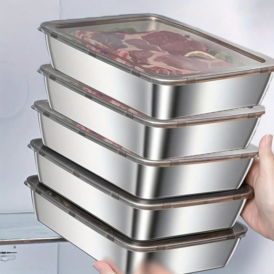 Xl Food Storage Containers With Lids - ชุดภาชนะเก็บอาหารสแตนเลส 5 ชิ้น พร้อมฝาปิดใส | กล่องเก็บของทรงสี่เหลี่ยมขนาดใหญ่สำหรับเก็บเนื้อสัตว์