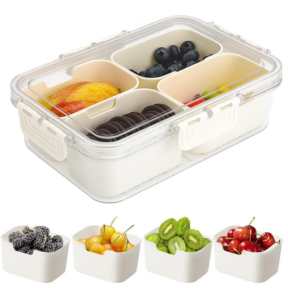 Food Storage Unit - กล่องเก็บอาหารแบบพกพา, กล่องเก็บขนม, 4 ช่องพร้อมฝาปิด, ถาดแยกสำหรับเสิร์ฟ, กล่องขนมสำหรับครัว,