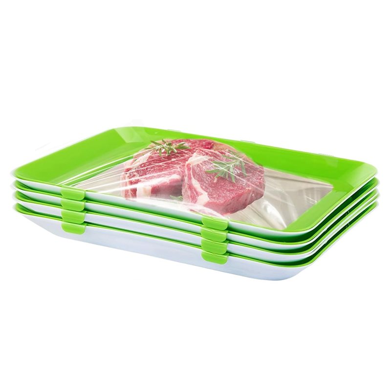 Food Storage Technology - AS60-ถาดเก็บอาหารด้วยเทคโนโลยีการถนอมอาหารแบบสุญญากาศ 4 ชิ้น วางซ้อนกันได้เพื่อความสดใหม่ยาวนาน สีเขียว