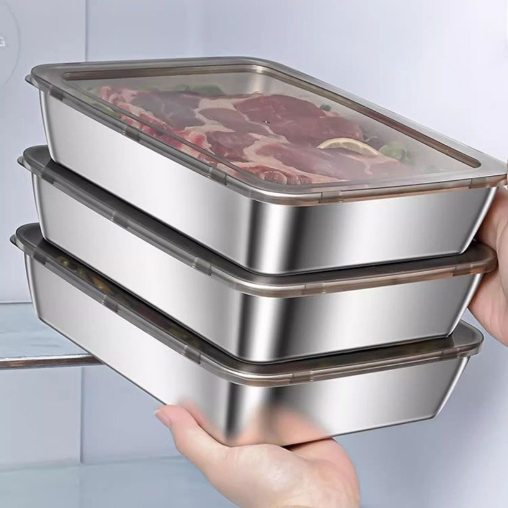 Food Storage Unit - ถาดเสิร์ฟสแตนเลสเกรดอาหารพร้อมฝาปิด, ภาชนะเก็บอาหารทรงสี่เหลี่ยมอเนกประสงค์, ถาดอาหารในครัวแบบปิดสนิทพร้อมฝาปิด