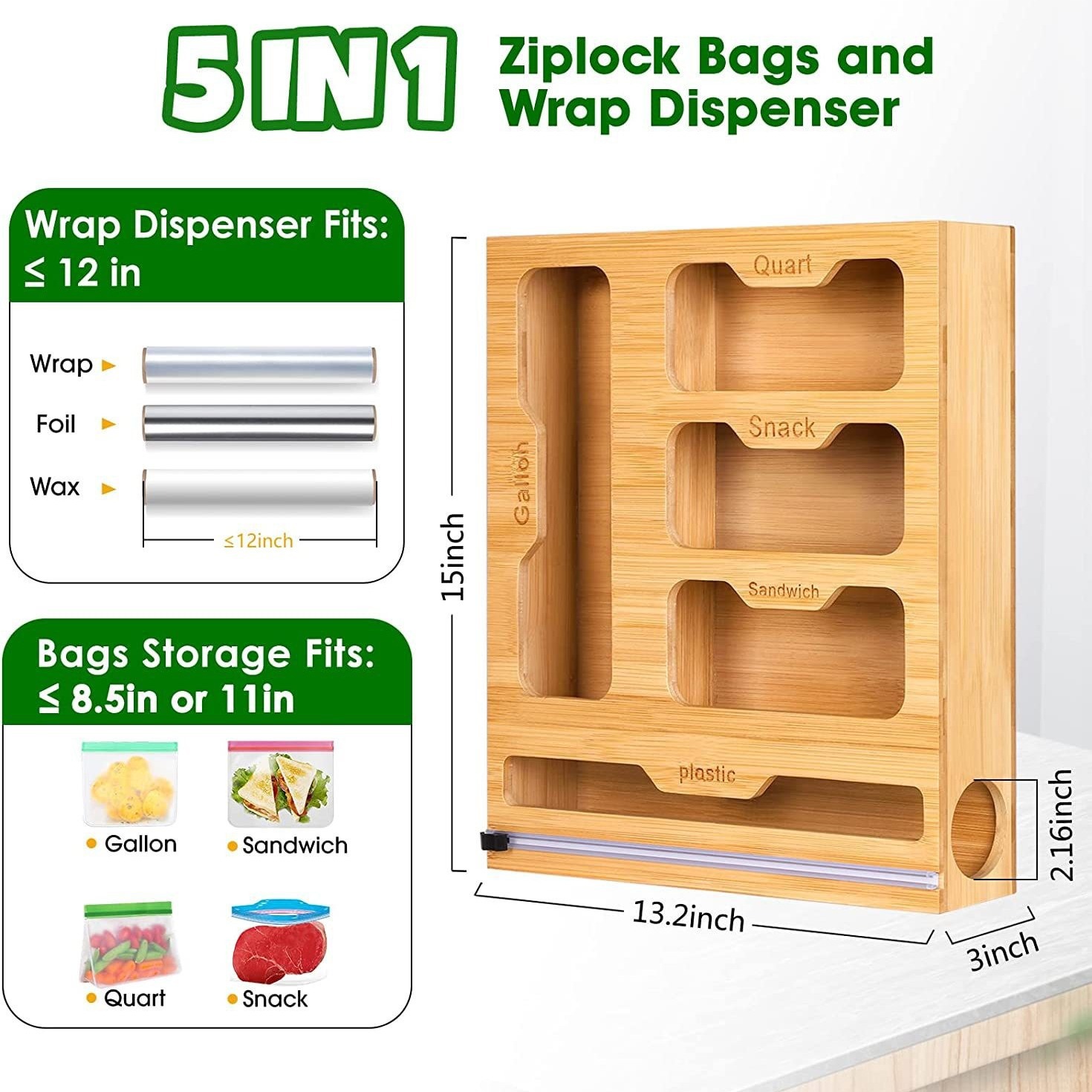 Food Storage Plastic Bag - ชั้นวางของแบบมีซิปล็อคทำจากไม้ไผ่ชั้นเก็บของห้องครัวตัวจัดระเบียบพร้อมเครื่องตัดสำหรับที่ใส่กระเป๋าอาหาร