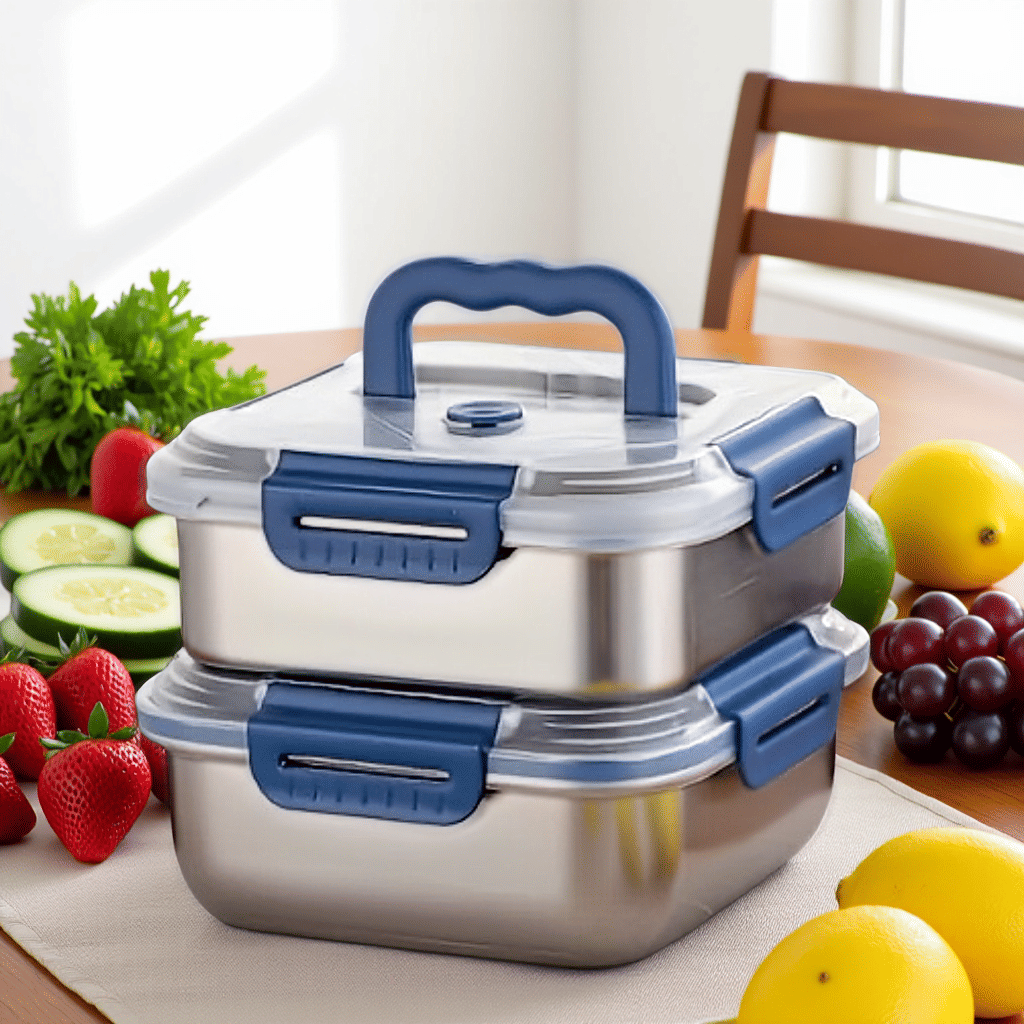 Xl Food Storage Containers With Lids - ภาชนะเก็บอาหารสแตนเลสขนาดใหญ่พิเศษยามิโตะ 2 ชิ้นพร้อมฝาสีน้ำเงิน - ดีไซน์ทรงลึก, ปิดผนึกแน่นสนิท,